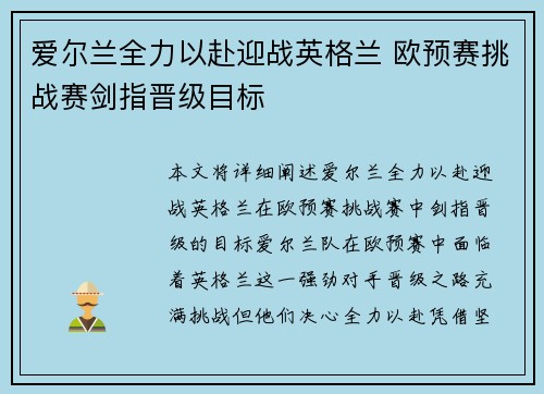 爱尔兰全力以赴迎战英格兰 欧预赛挑战赛剑指晋级目标