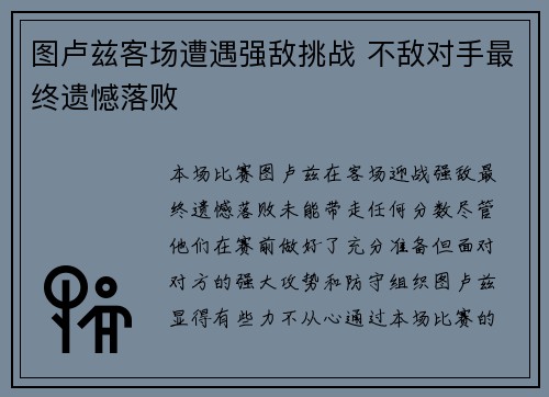 图卢兹客场遭遇强敌挑战 不敌对手最终遗憾落败