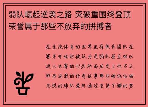 弱队崛起逆袭之路 突破重围终登顶 荣誉属于那些不放弃的拼搏者