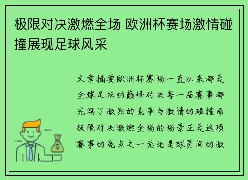 极限对决激燃全场 欧洲杯赛场激情碰撞展现足球风采