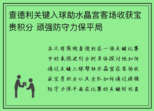 查德利关键入球助水晶宫客场收获宝贵积分 顽强防守力保平局