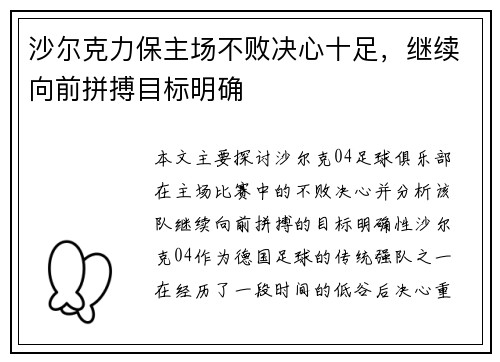 沙尔克力保主场不败决心十足，继续向前拼搏目标明确