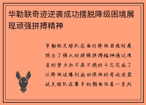 华勒联奇迹逆袭成功摆脱降级困境展现顽强拼搏精神