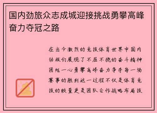 国内劲旅众志成城迎接挑战勇攀高峰奋力夺冠之路