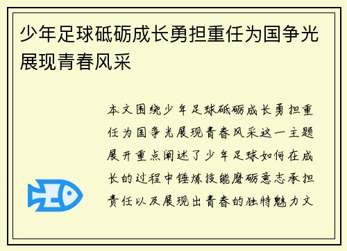 少年足球砥砺成长勇担重任为国争光展现青春风采