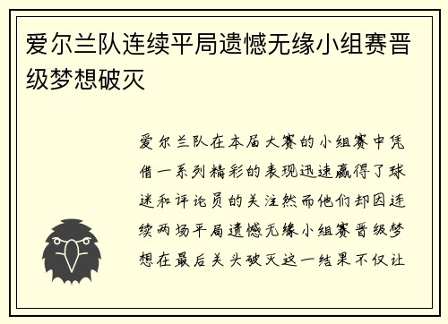 爱尔兰队连续平局遗憾无缘小组赛晋级梦想破灭