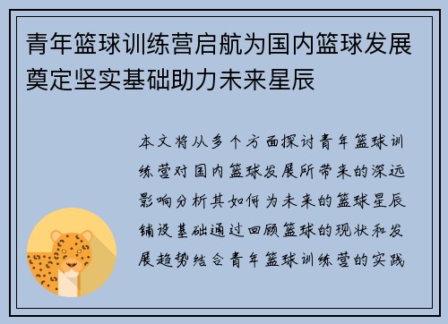 青年篮球训练营启航为国内篮球发展奠定坚实基础助力未来星辰